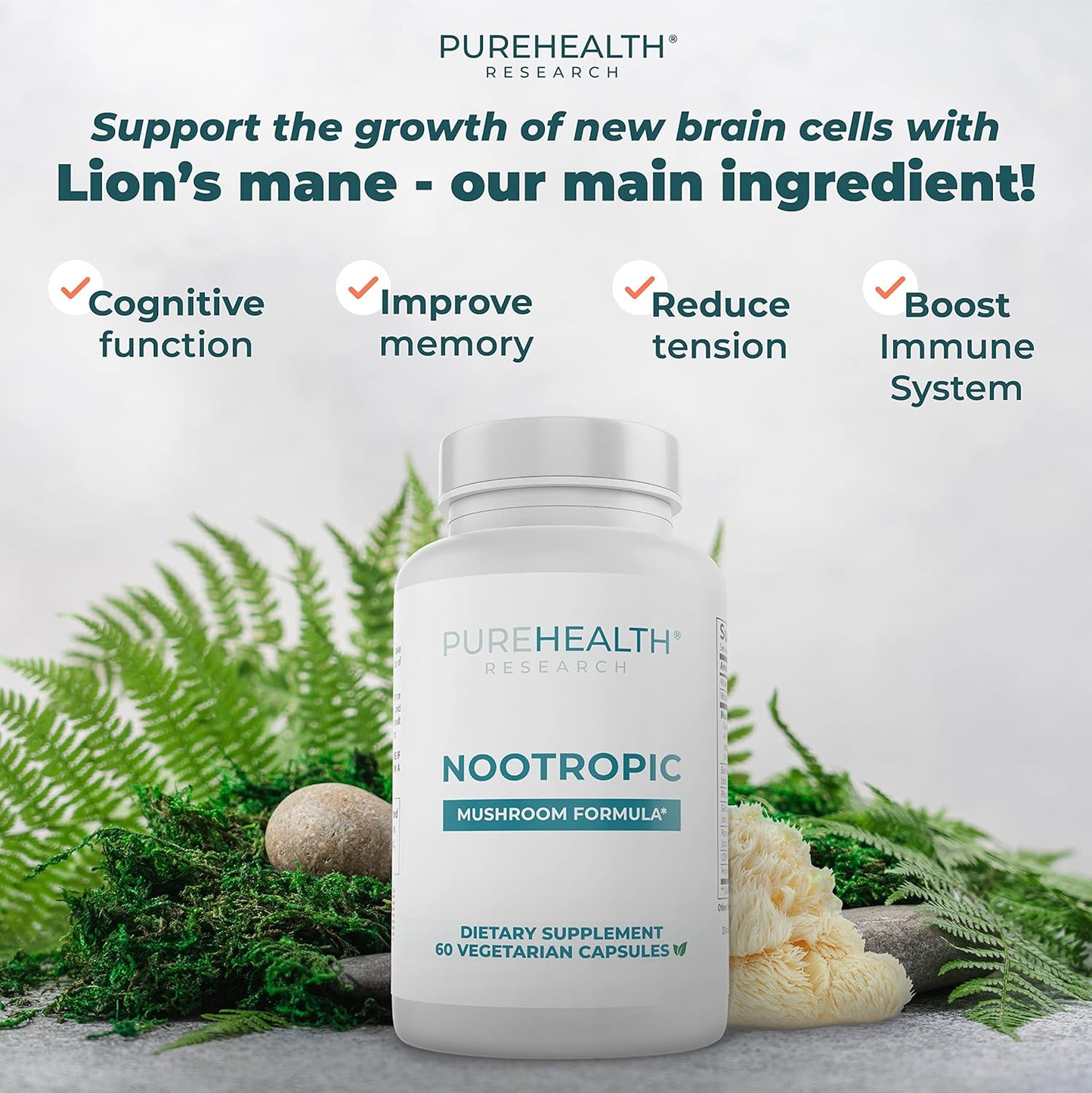 Brain Health Supplement with Lions Mane, Shiitake, Chaga, Reishi Mushrooms - Boost Memory and Focus with Bacopa Monnieri and Gingko Biloba - 60 Capsules