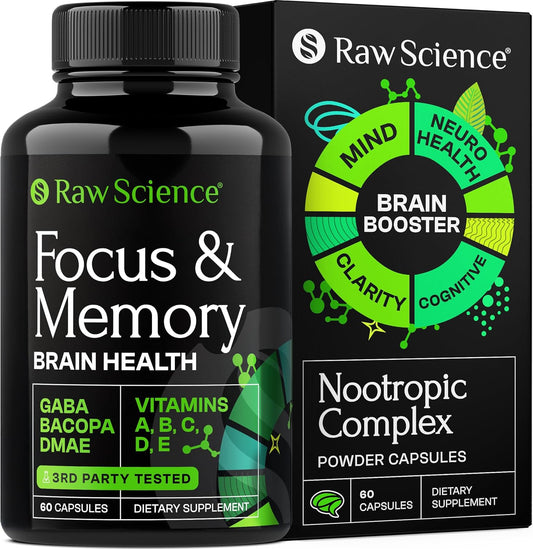 Brain Health Support Nootropic Supplements with Huperzine A & Phosphatidylserine - Memory & Focus Booster with GABA, Choline, DHA - 60 Capsules