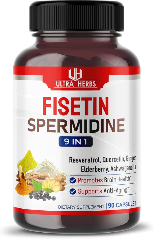 Brain Health Support: Ultra Fisetin Resveratrol Quercetin Supplement with Immune Boosting Herbs - Elderberry, Ashwagandha, Turmeric, Ginger (90 Count)
