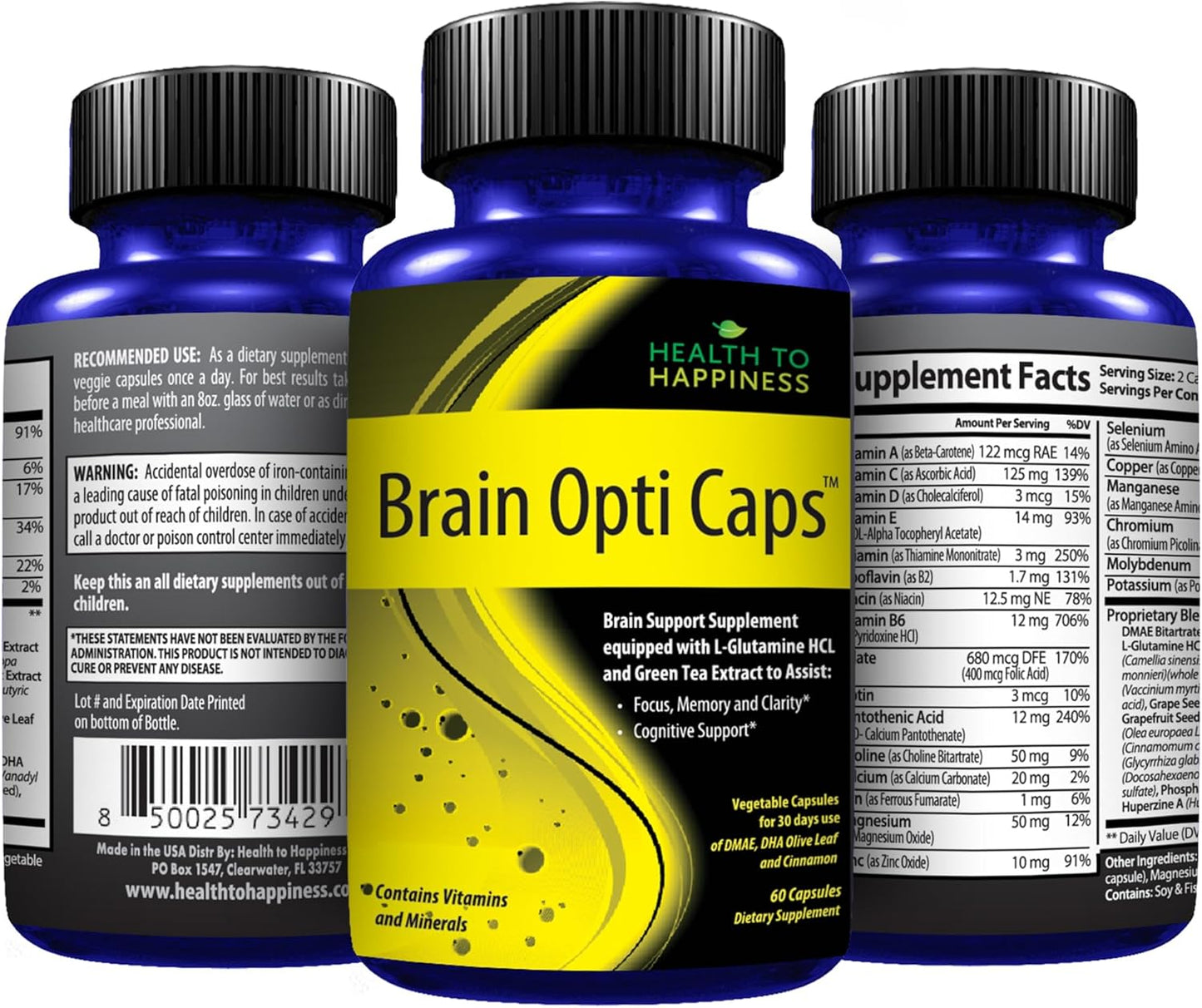 Brain Opti Caps - Cognitive Support Supplement for Focus, Memory & Clarity, Promotes Health and Happiness