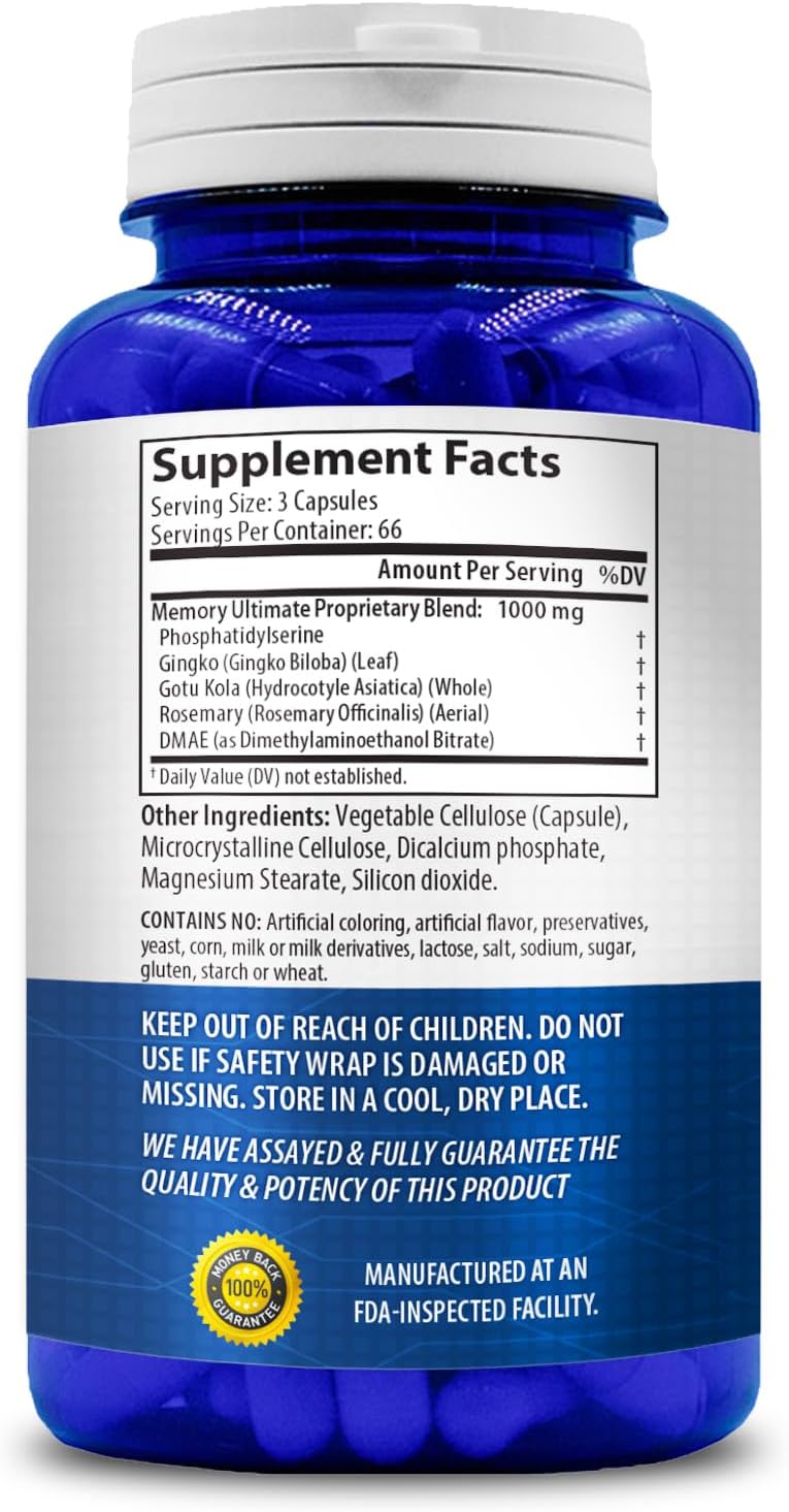 Brain Support Memory Supplement with Phosphatidylserine, Ginkgo Biloba, DMAE, Rosemary, Gotu Kola | Made in USA | 66 Day Supply