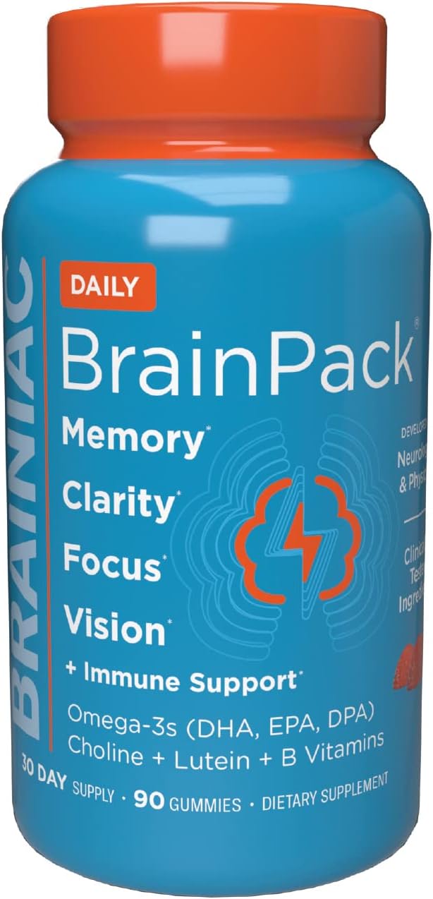 Brainiac Daily BrainPack Gummies - Omega 3 DHA EPA DPA, Choline, B6 & B12, Lutein - 90 ct, Citrus Berry Flavor