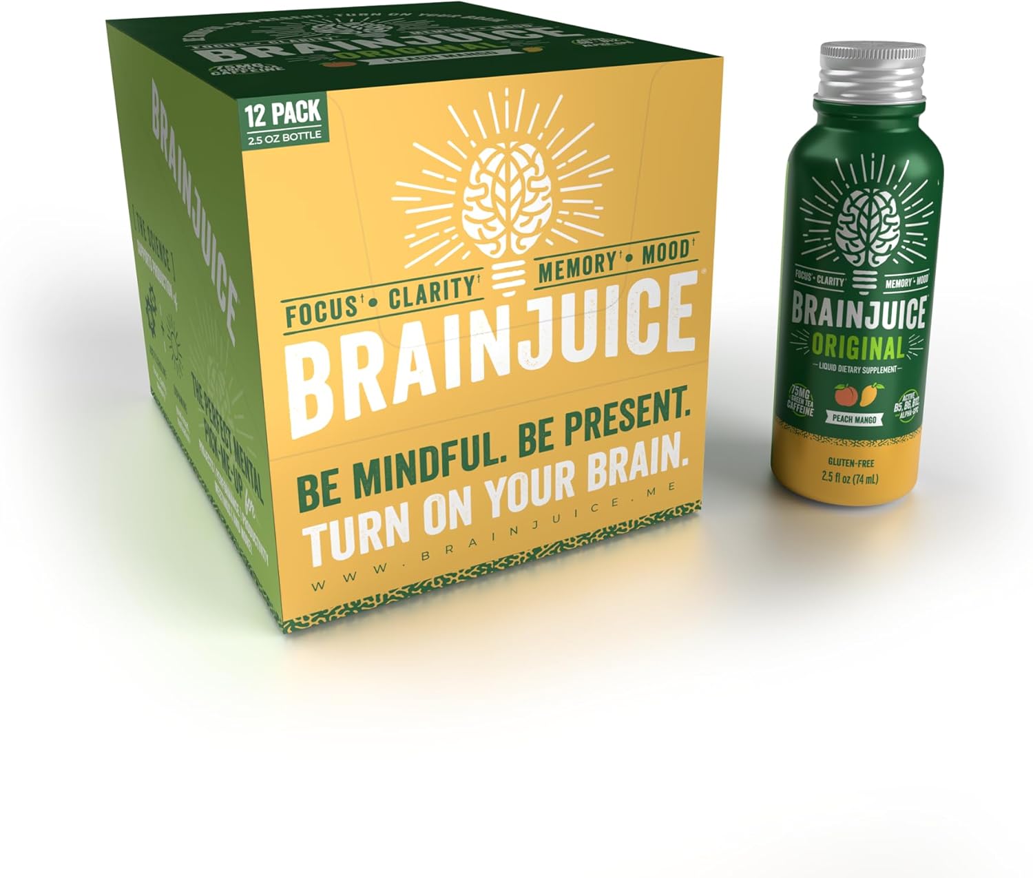 BrainJuice Peach Mango Energy & Focus Shots - Gluten Free Supplement with Alpha GPC, Vitamin B, Organic Green Tea Extract Caffeine - 12 Pack of Healthy Drinks in 2.5 fl oz Bottles