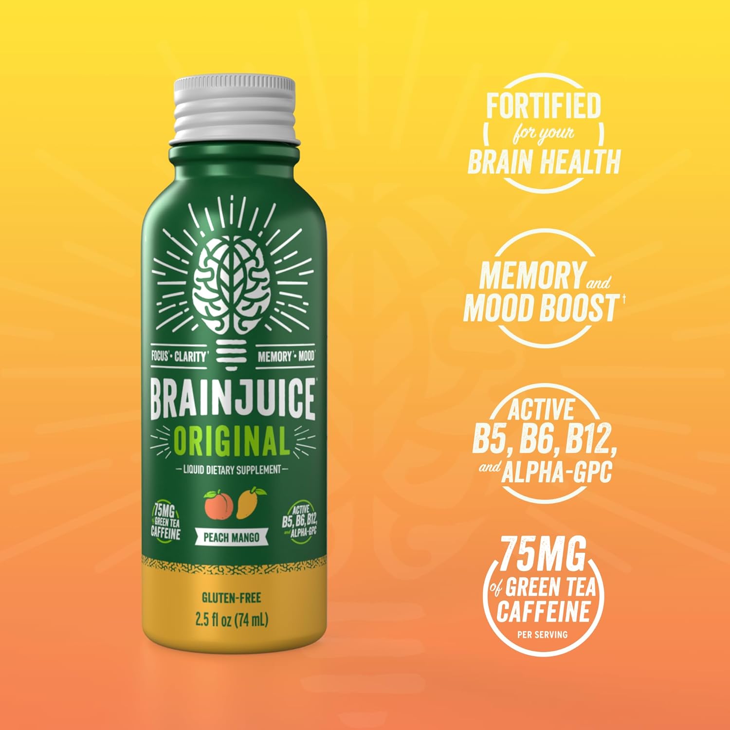 BrainJuice Peach Mango Energy & Focus Shots - Gluten Free Supplement with Alpha GPC, Vitamin B, Organic Green Tea Extract Caffeine - 12 Pack of Healthy Drinks in 2.5 fl oz Bottles