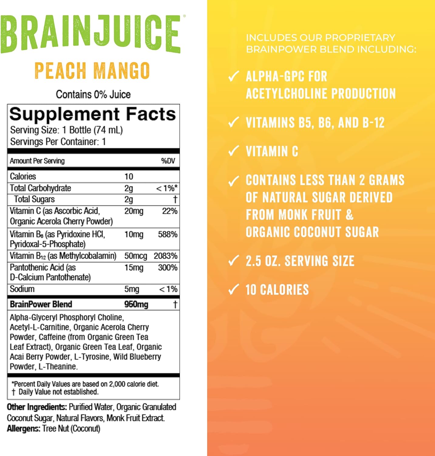BrainJuice Peach Mango Energy & Focus Shots - Gluten Free Supplement with Alpha GPC, Vitamin B, Organic Green Tea Extract Caffeine - 12 Pack of Healthy Drinks in 2.5 fl oz Bottles