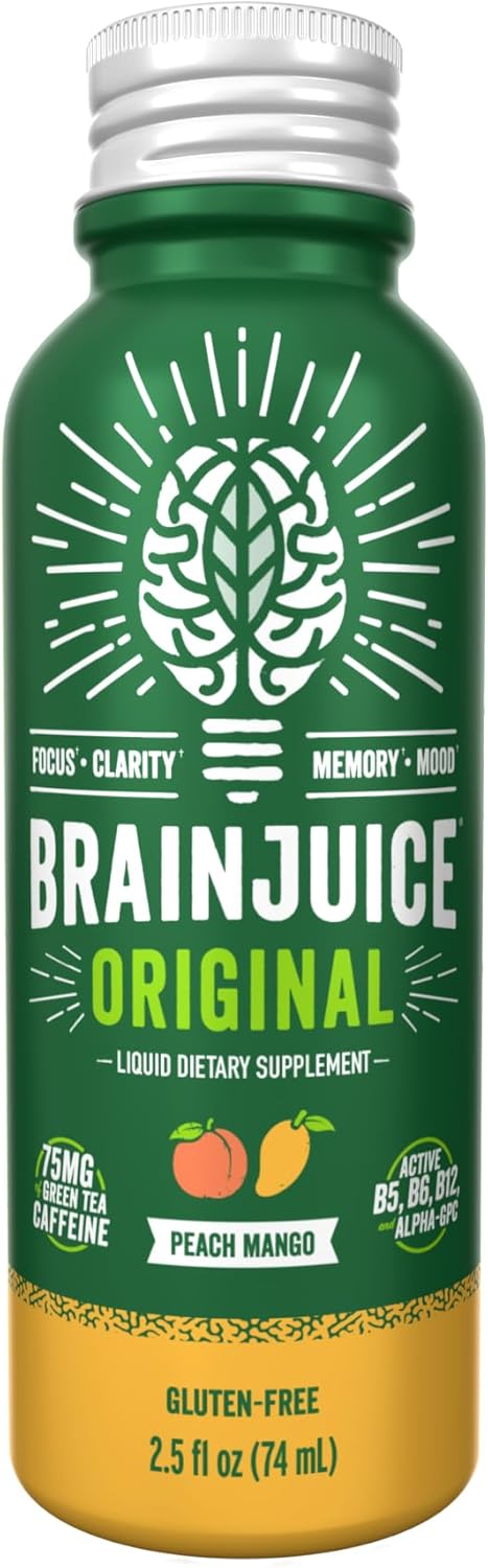 BrainJuice Peach Mango Energy & Focus Shots - Gluten Free Supplement with Alpha GPC, Vitamin B, Organic Green Tea Extract Caffeine - 12 Pack of Healthy Drinks in 2.5 fl oz Bottles