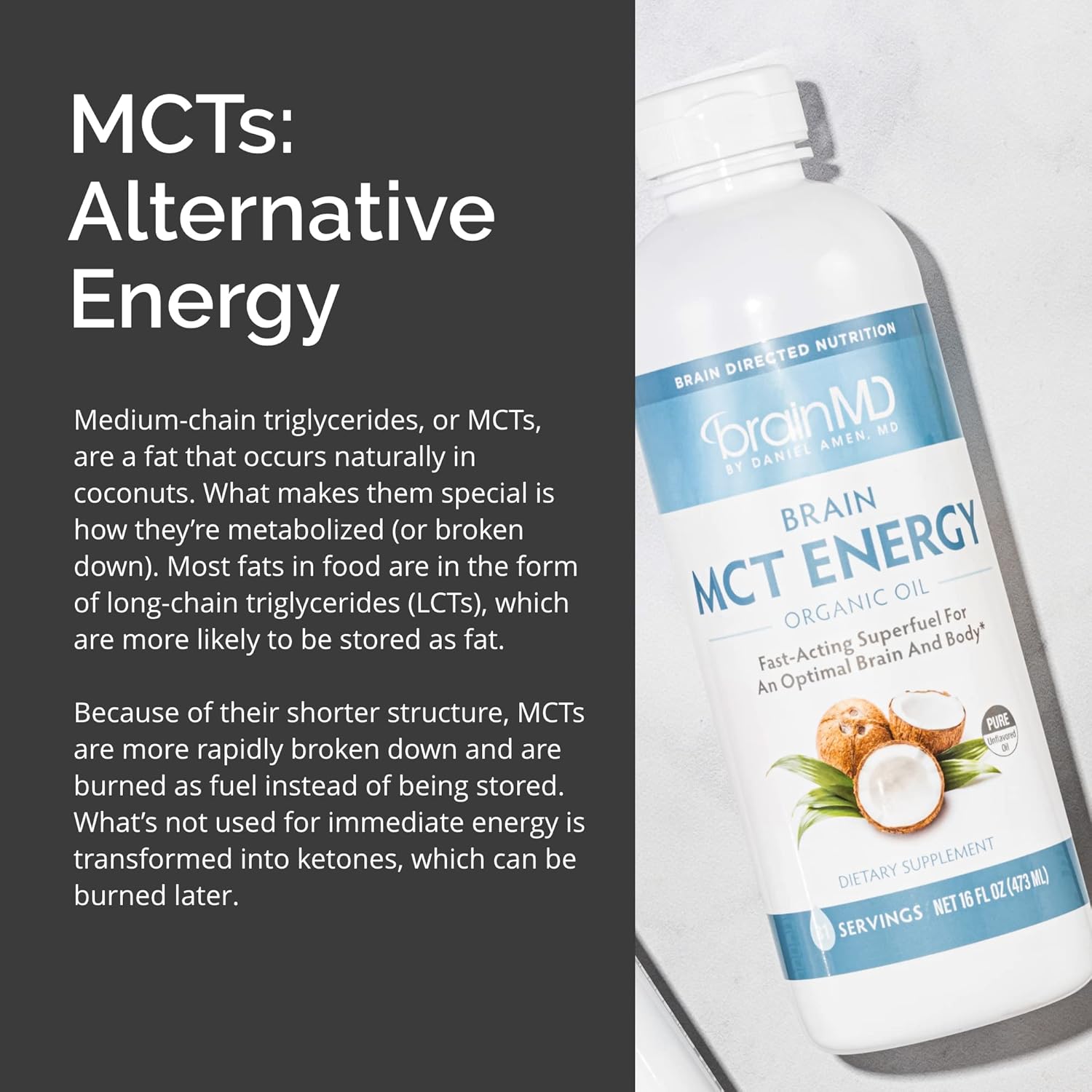 BrainMD Brain MCT Energy Drink - 16 fl oz - Supports Brain & Body Energy - Enhances Focus & Satiety - Gluten Free - 31 Servings