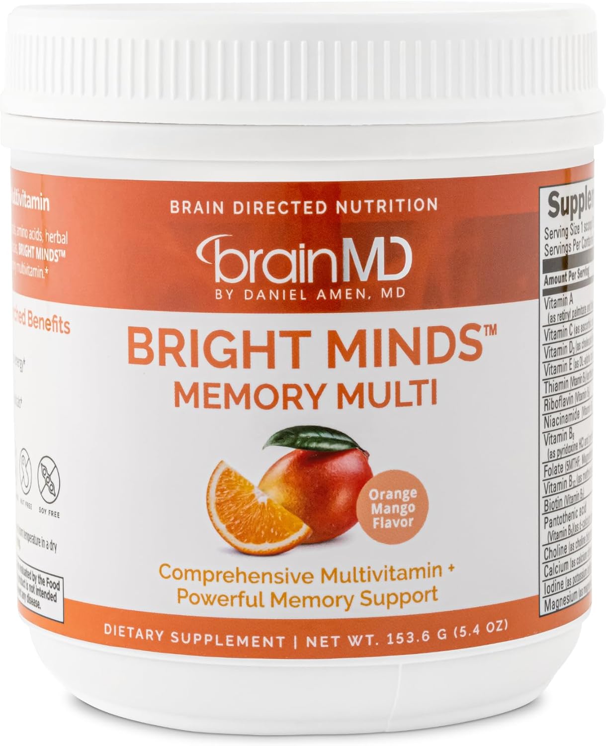BrainMD Bright Minds Memory Multi, Orange Mango Flavor Powder - 30 Servings - Multivitamin & Memory Support - Gluten/Sugar Free