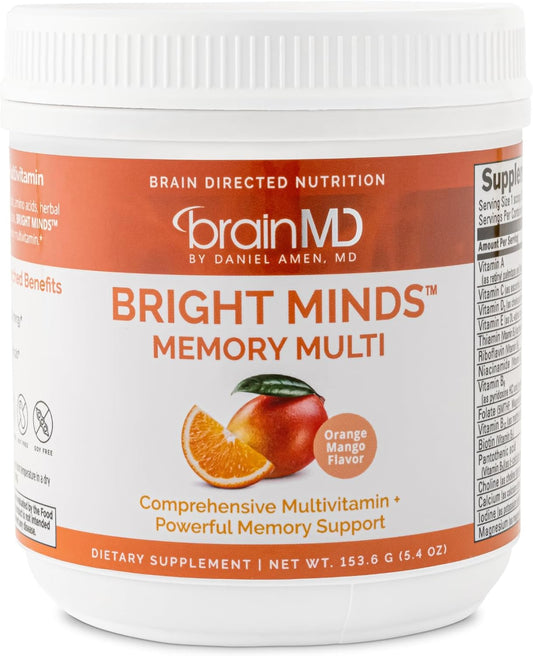 BrainMD Bright Minds Memory Multi, Orange Mango Flavor Powder - 30 Servings - Multivitamin & Memory Support - Gluten/Sugar Free