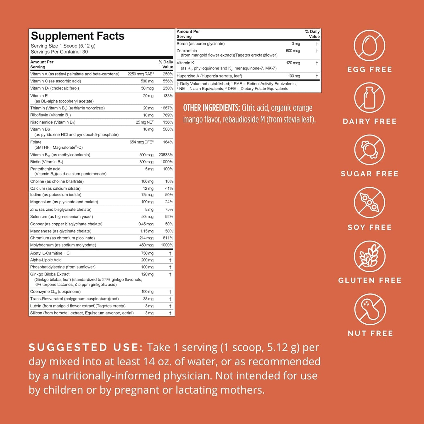 BrainMD Bright Minds Memory Multi, Orange Mango Flavor Powder - 30 Servings - Multivitamin & Memory Support - Gluten/Sugar Free