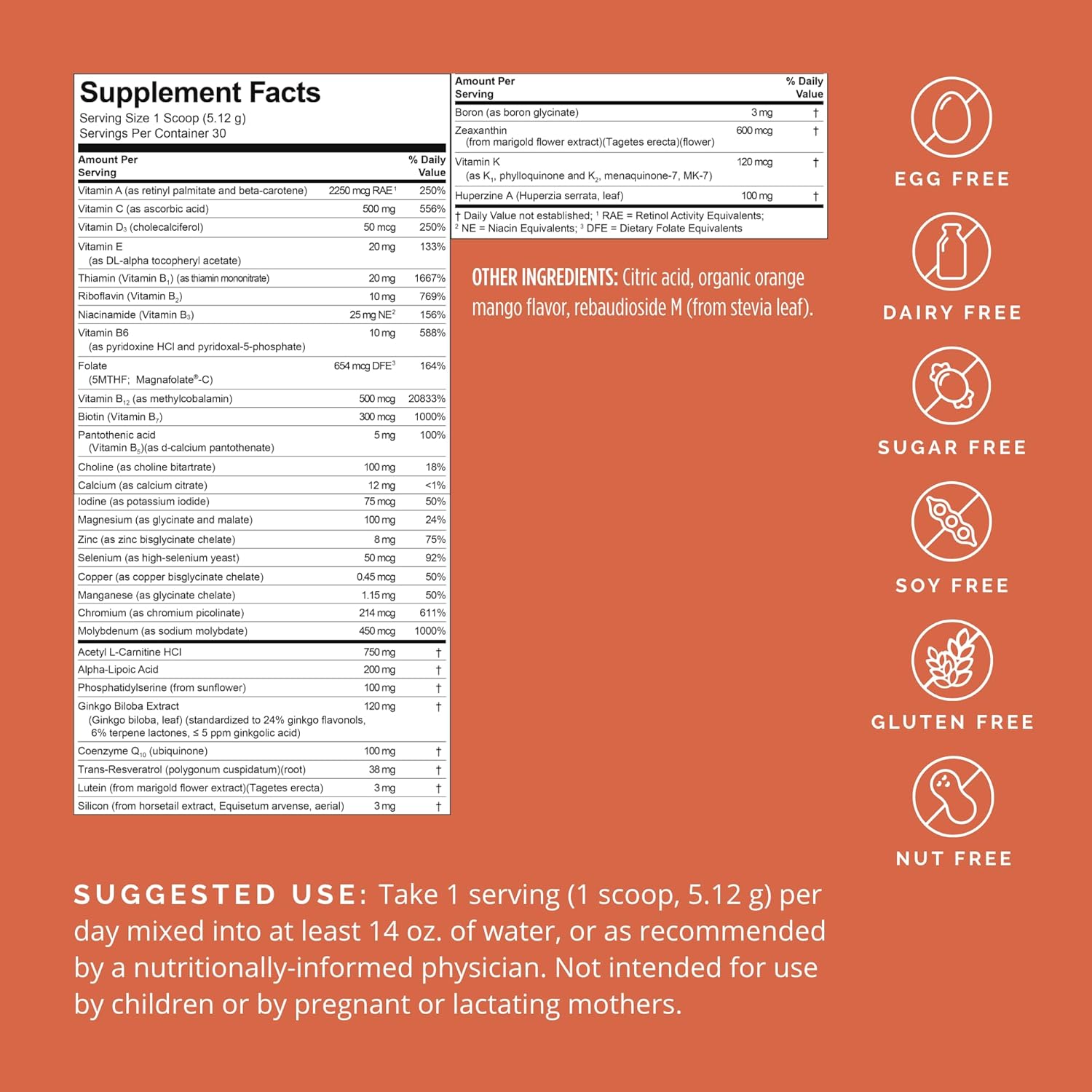 BrainMD Bright Minds Memory Multi, Orange Mango Flavor Powder - 30 Servings - Multivitamin & Memory Support - Gluten/Sugar Free