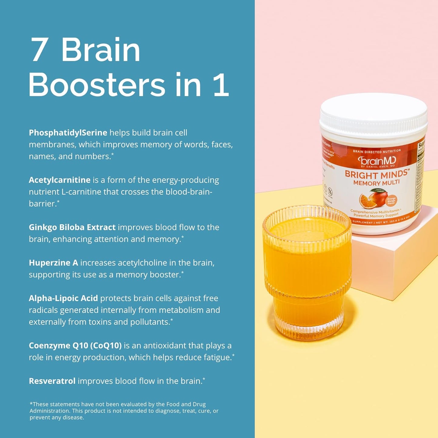 BrainMD Bright Minds Memory Multi, Orange Mango Flavor Powder - 30 Servings - Multivitamin & Memory Support - Gluten/Sugar Free