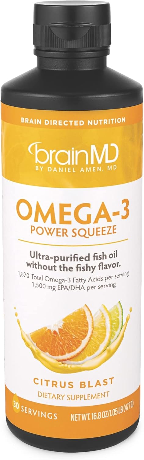 BRAINMD Dr Amen Omega-3 Citrus Blast Squeeze - 16.8 oz - Cardiovascular, Brain & Immune Support - Gluten Free - 30 Servings