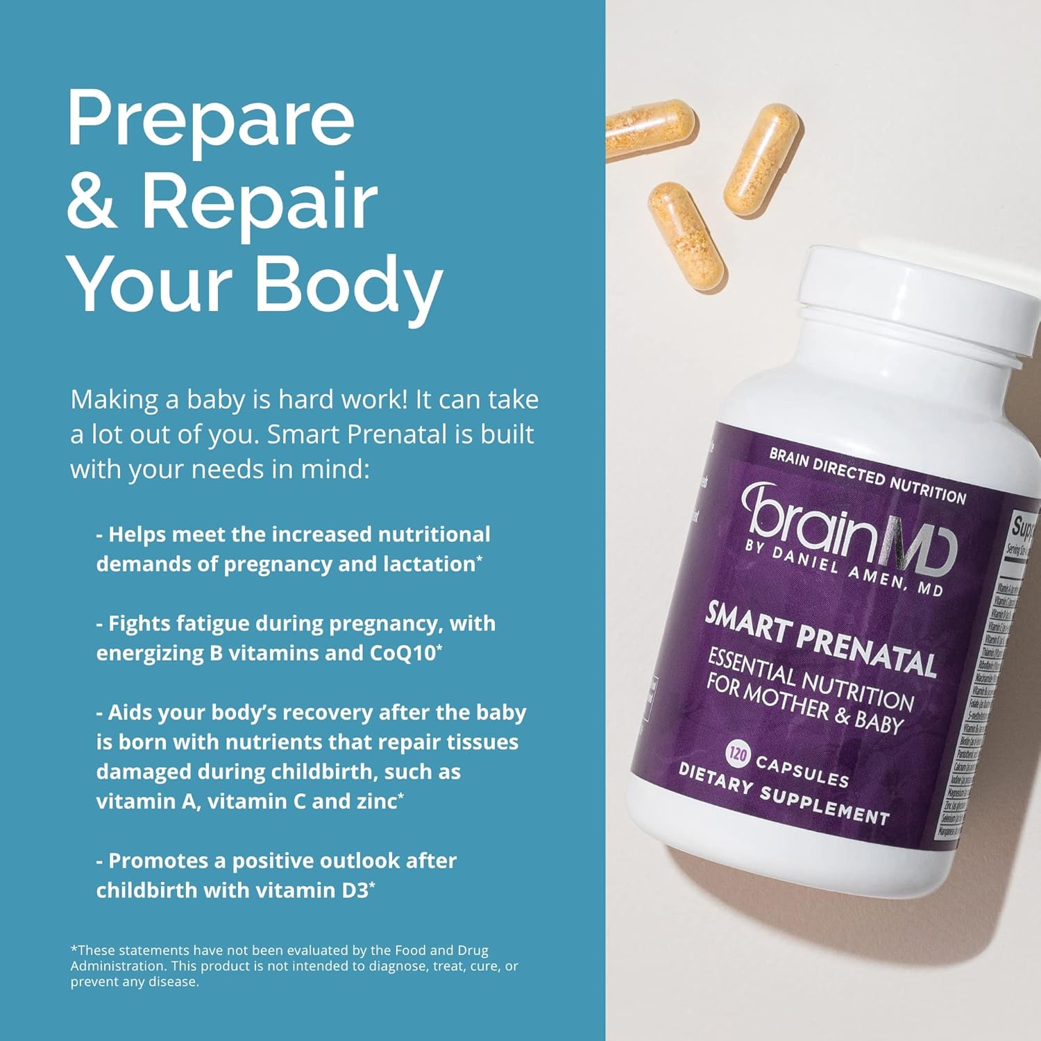 BrainMD Smart Prenatal Multivitamin - 120 Capsules - Supports Healthy Pregnancy & Baby Development - Gluten-Free - 30 Servings