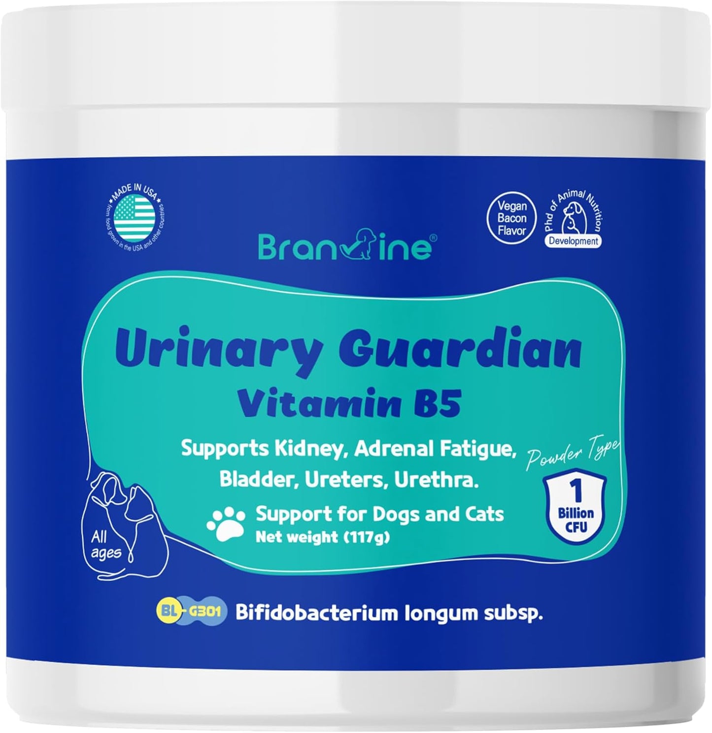 Branvine Urinary Support Supplement for Dogs and Cats - Promotes Kidney and Bladder Health with Vegan Bacon Flavor - 117g