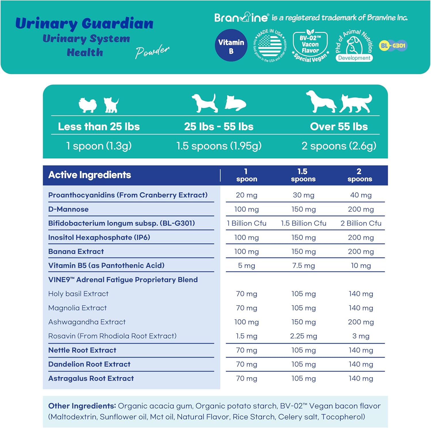 Branvine Urinary Support Supplement for Dogs and Cats - Promotes Kidney and Bladder Health with Vegan Bacon Flavor - 117g