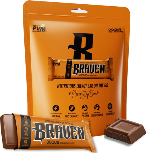 Braven Bar Chocolate Energy Bars - Pack of 10, 1.59 oz Energy Chews with 5g Protein - Gluten-Free On-the-Go Snacks for Running, Hiking, Sports