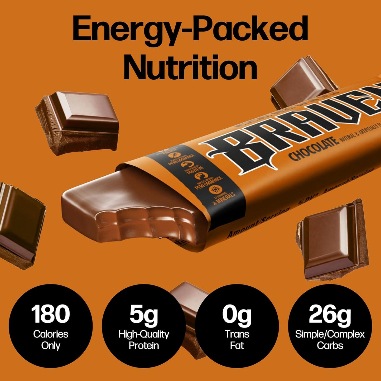 Braven Bar Chocolate Energy Bars - Pack of 10, 1.59 oz Energy Chews with 5g Protein - Gluten-Free On-the-Go Snacks for Running, Hiking, Sports