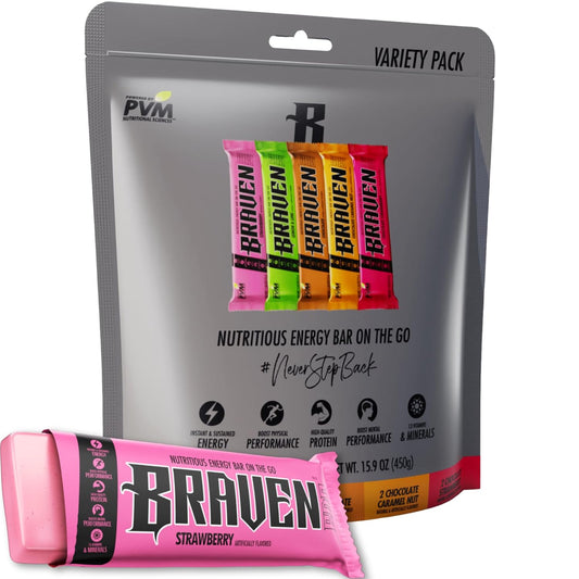 Braven Bar Variety Pack Energy Chews - 10 Pack of 1.59 oz Bars with 5g Protein - Gluten Free On-the-Go Snacks for Running, Hiking, Sports - Sustained Energy Boost