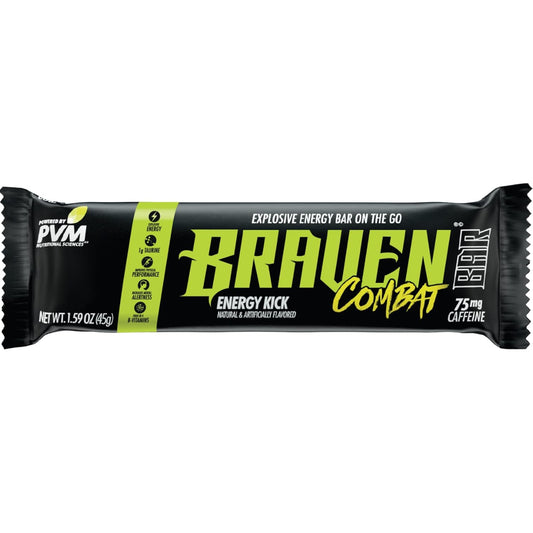 Braven Combat Energy Kick Bars, Pack of 20, 1.59 oz - On-The-Go Energy Snacks with 75mg Caffeine - Gluten Free & Alternative to Chews