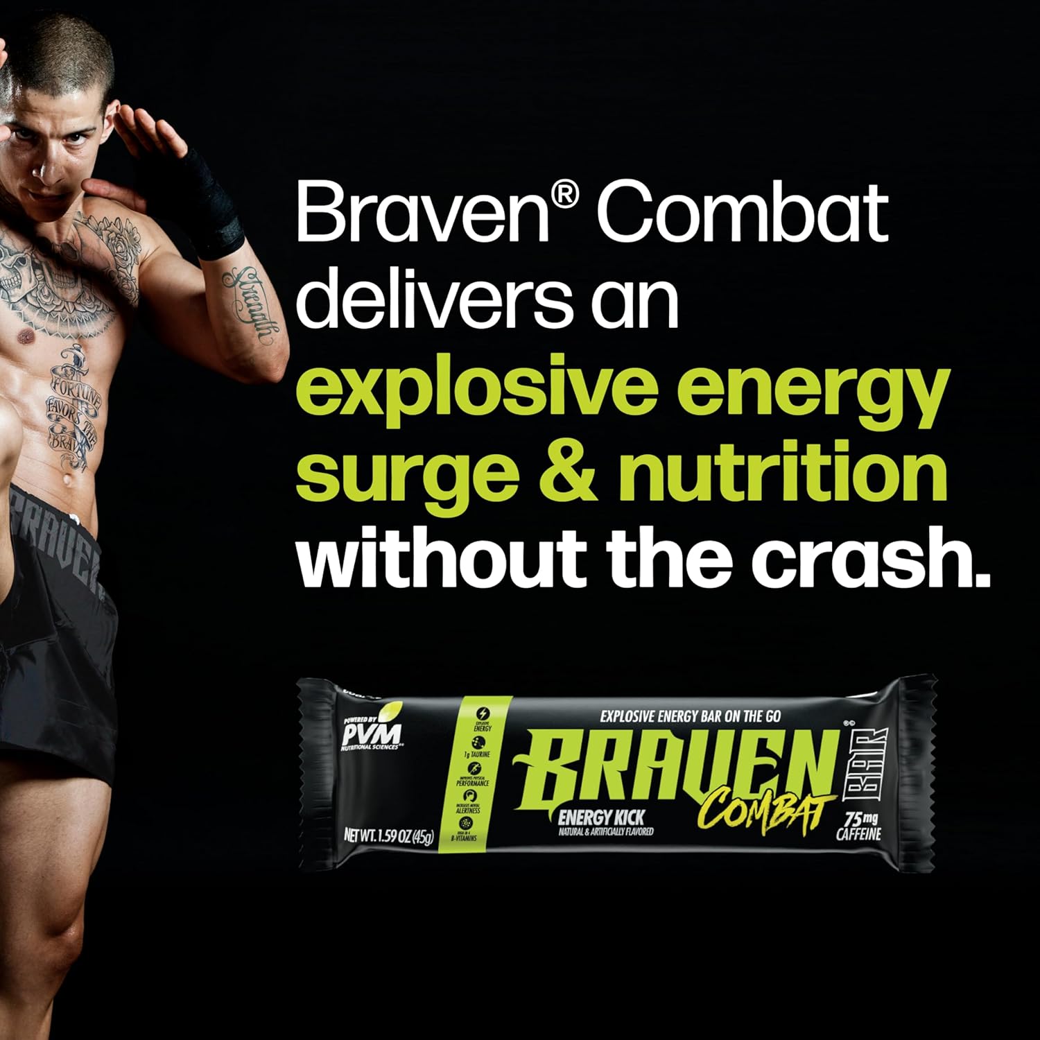 Braven Combat Energy Kick Bars, Pack of 20, 1.59 oz - On-The-Go Energy Snacks with 75mg Caffeine - Gluten Free & Alternative to Chews