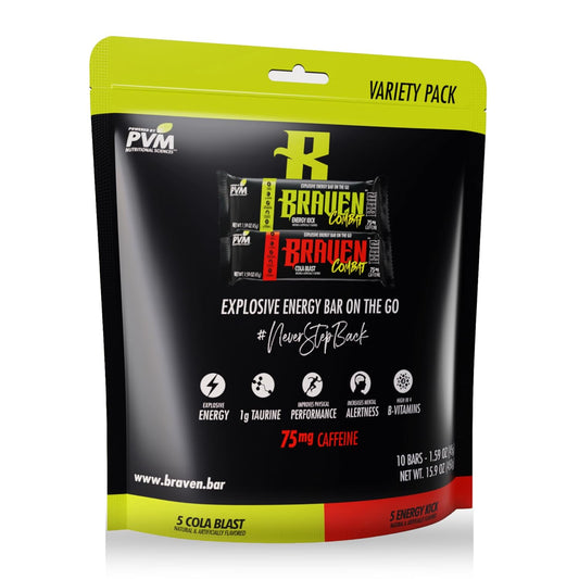 Braven Combat Variety Pack Energy Bars: On-The-Go Snack with 75mg Caffeine (1.59 oz, Pack of 10) - Gluten Free & Convenient Energy Boost