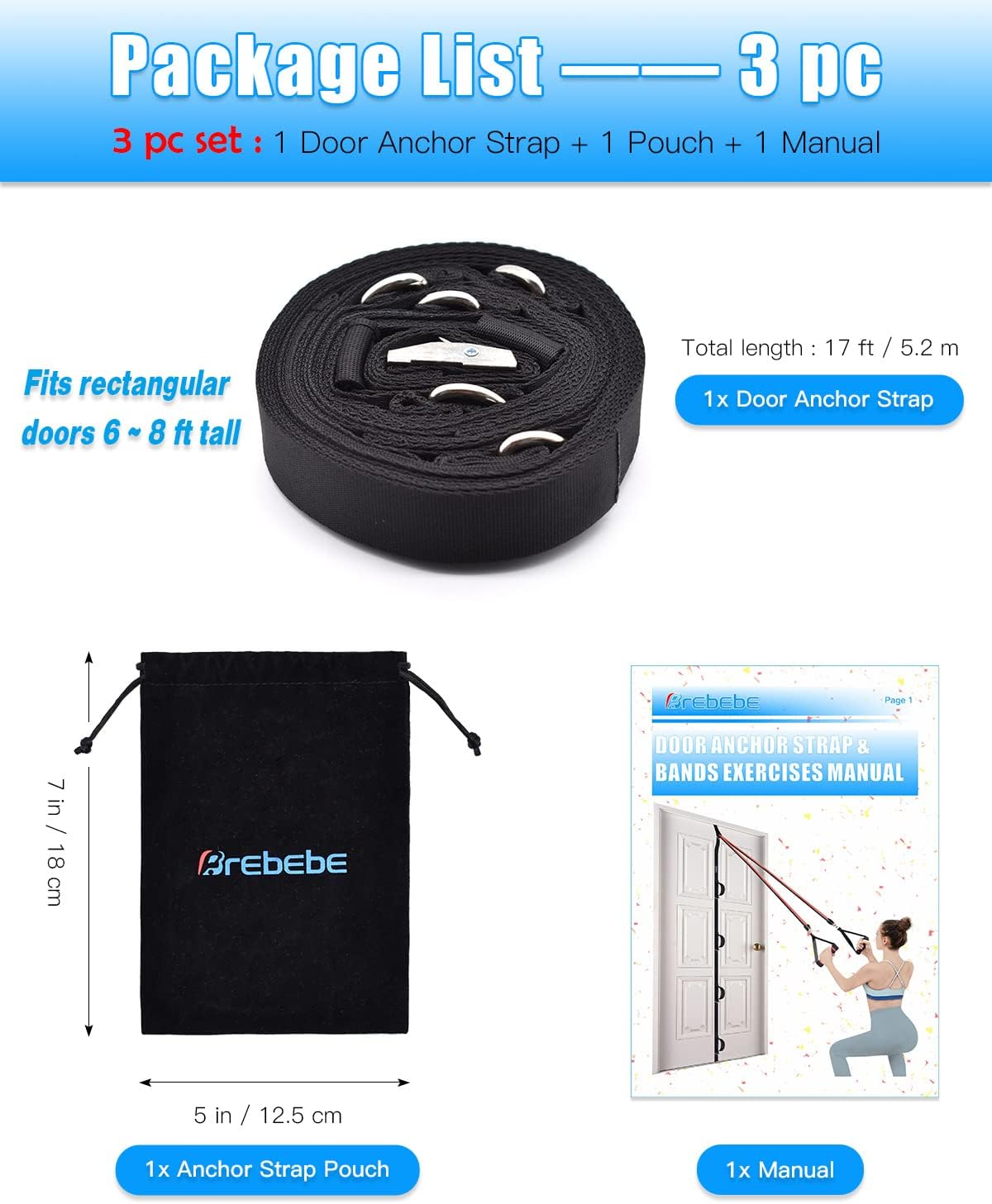 Brebebe Door Anchor Strap for Home Resistance Band Workouts, Multi-Point Gym Attachment, Easy Installation, No Punching or Nailing