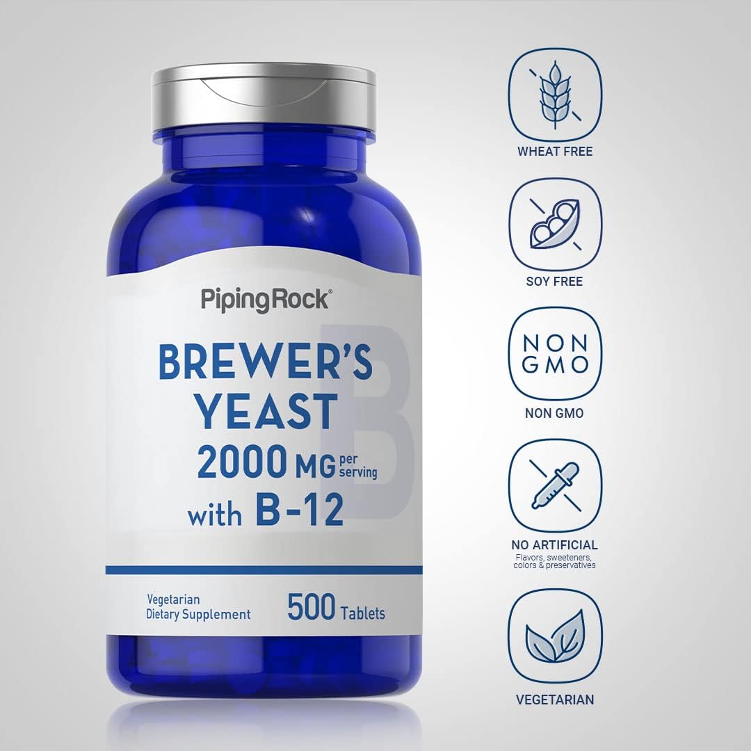 Brewer's Yeast Tablets 2000mg with B12 - 500 Pills, Vegetarian Non-GMO Supplement