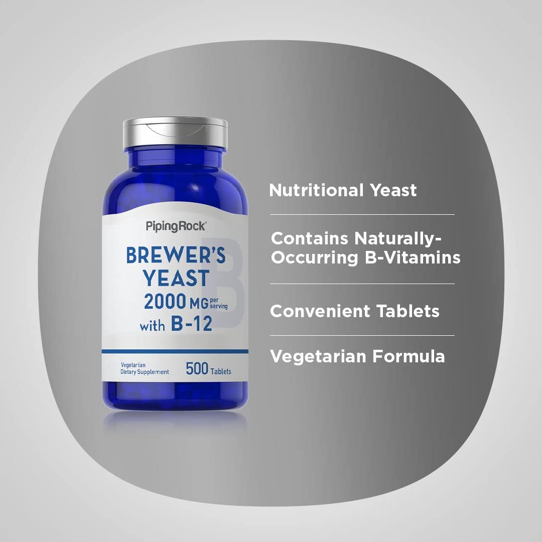 Brewer's Yeast Tablets 2000mg with B12 - 500 Pills, Vegetarian Non-GMO Supplement