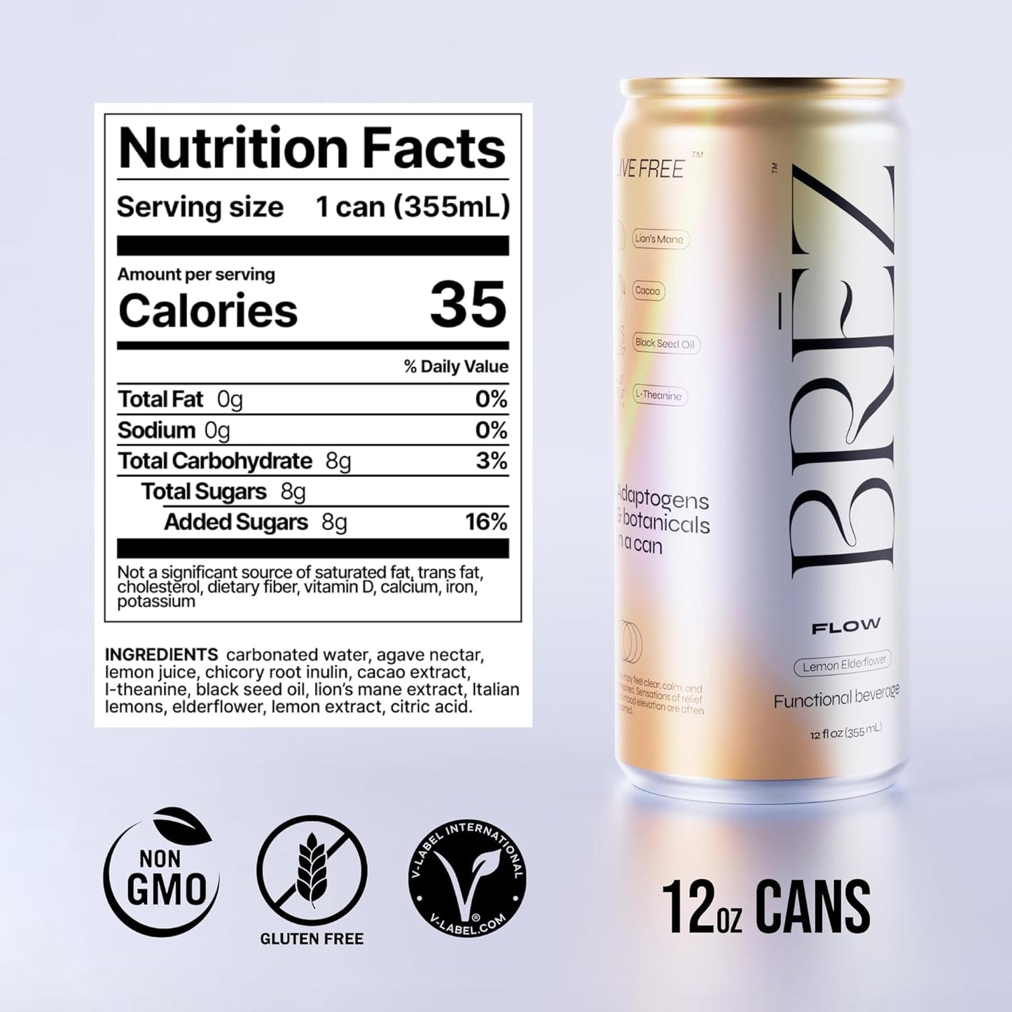 BREZ FLOW Lion's Mane Mushroom Sparkling Lemon Elderflower Tonic - Adaptogens for Relief and Uplift, Non-Infused 12 Fl oz (18-pack)