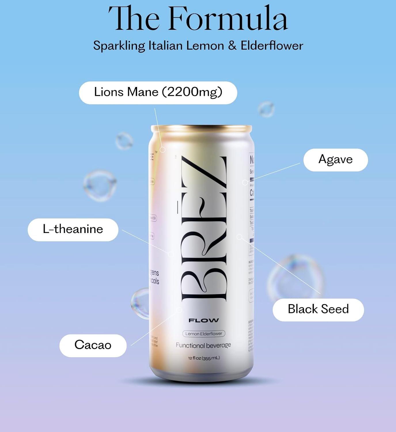 BREZ FLOW Lion's Mane Mushroom Sparkling Lemon Elderflower Tonic - Adaptogens for Relief and Uplift, Non-Infused 12 Fl oz (18-pack)