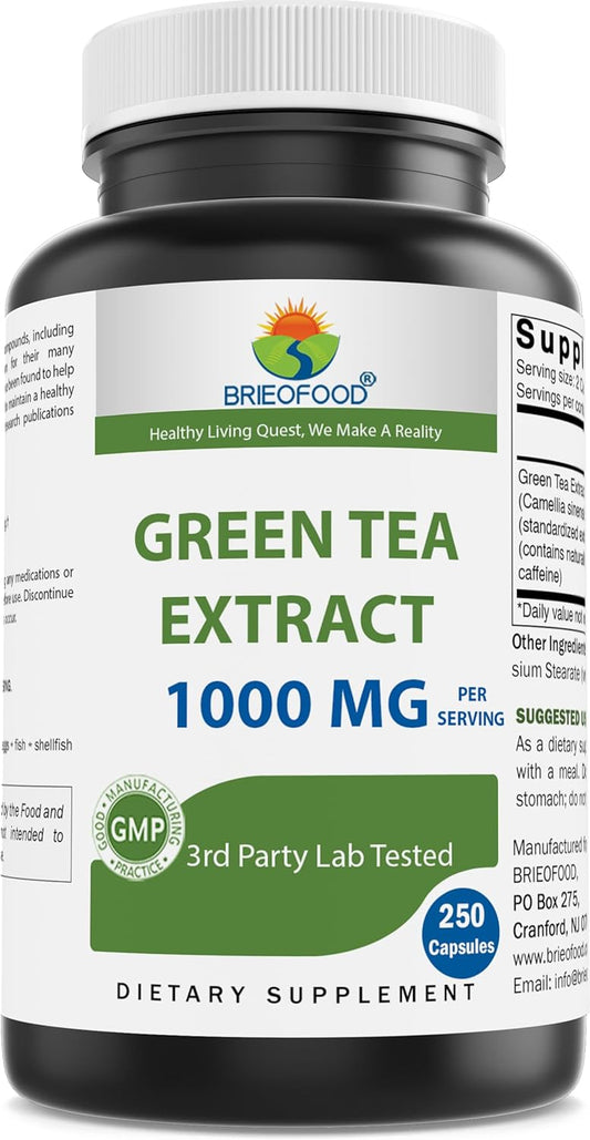 Brieofood Green Tea Extract Capsules - 1000mg per Serving, 50% Polyphenols - 250 Count, Lab Tested for Purity - BoostGo Australia