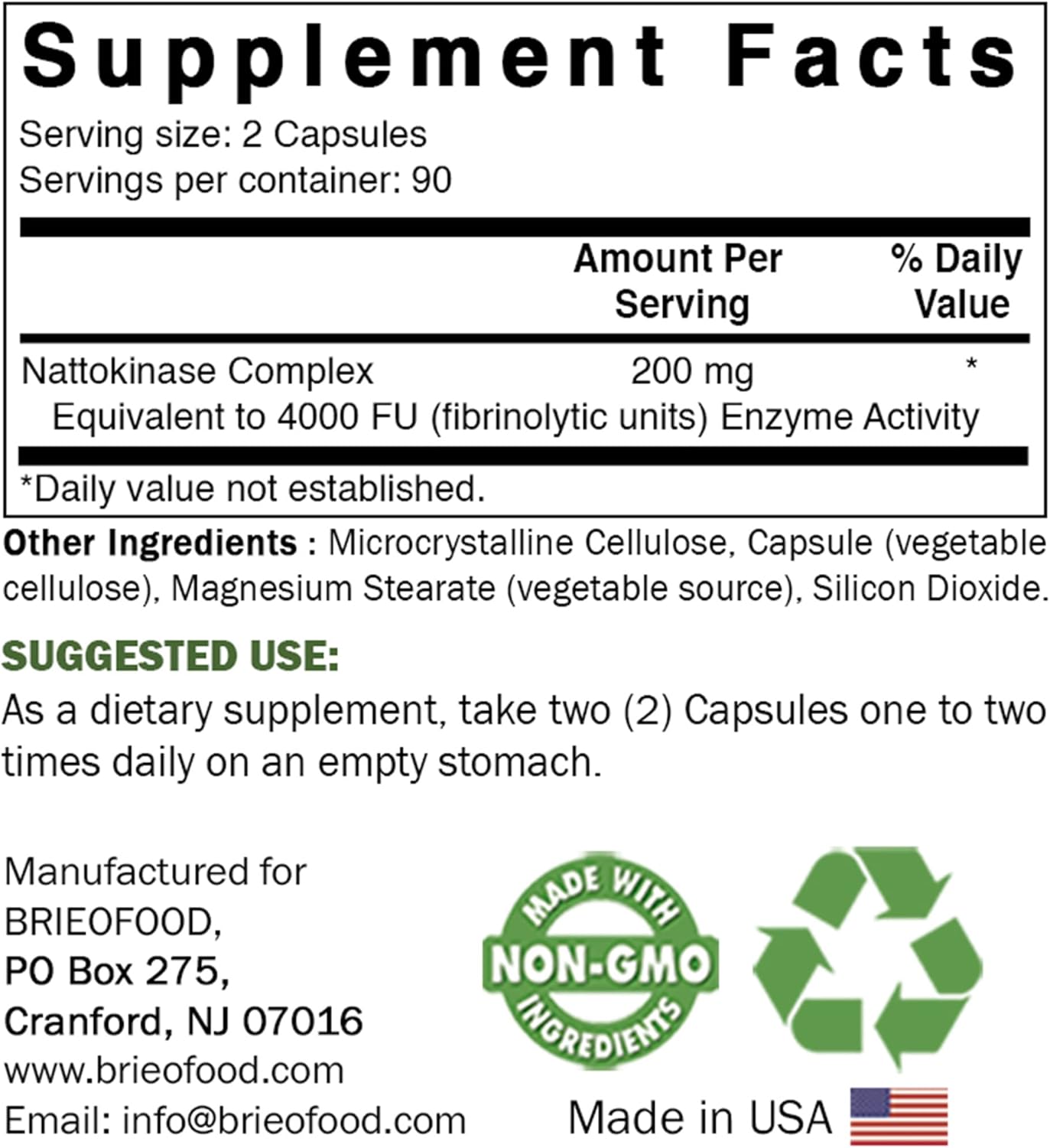 Brieofood Nattokinase Capsules - 180 Count - 4000 FU per Serving - Supports Circulatory Health