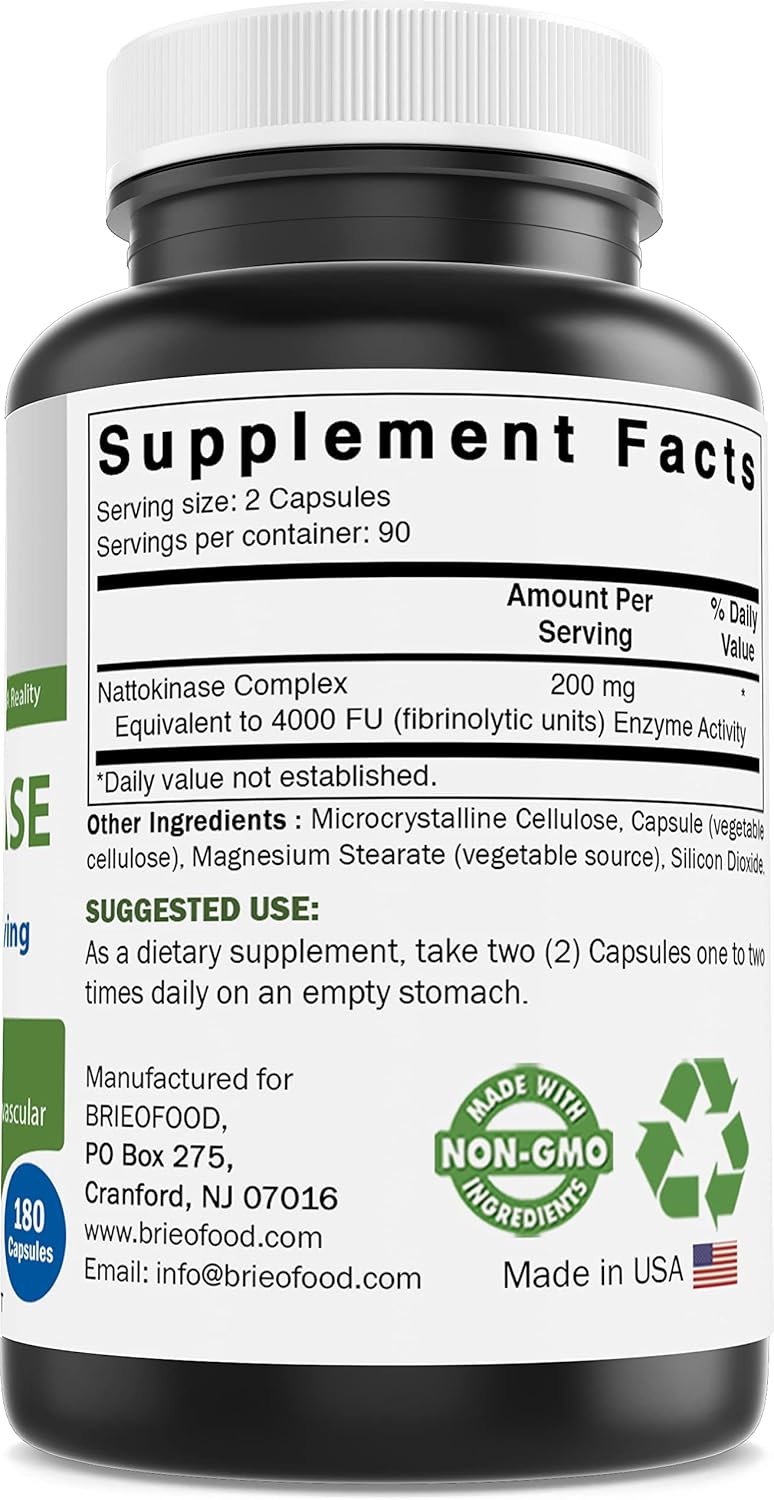 Brieofood Nattokinase Capsules - 180 Count - 4000 FU per Serving - Supports Circulatory Health