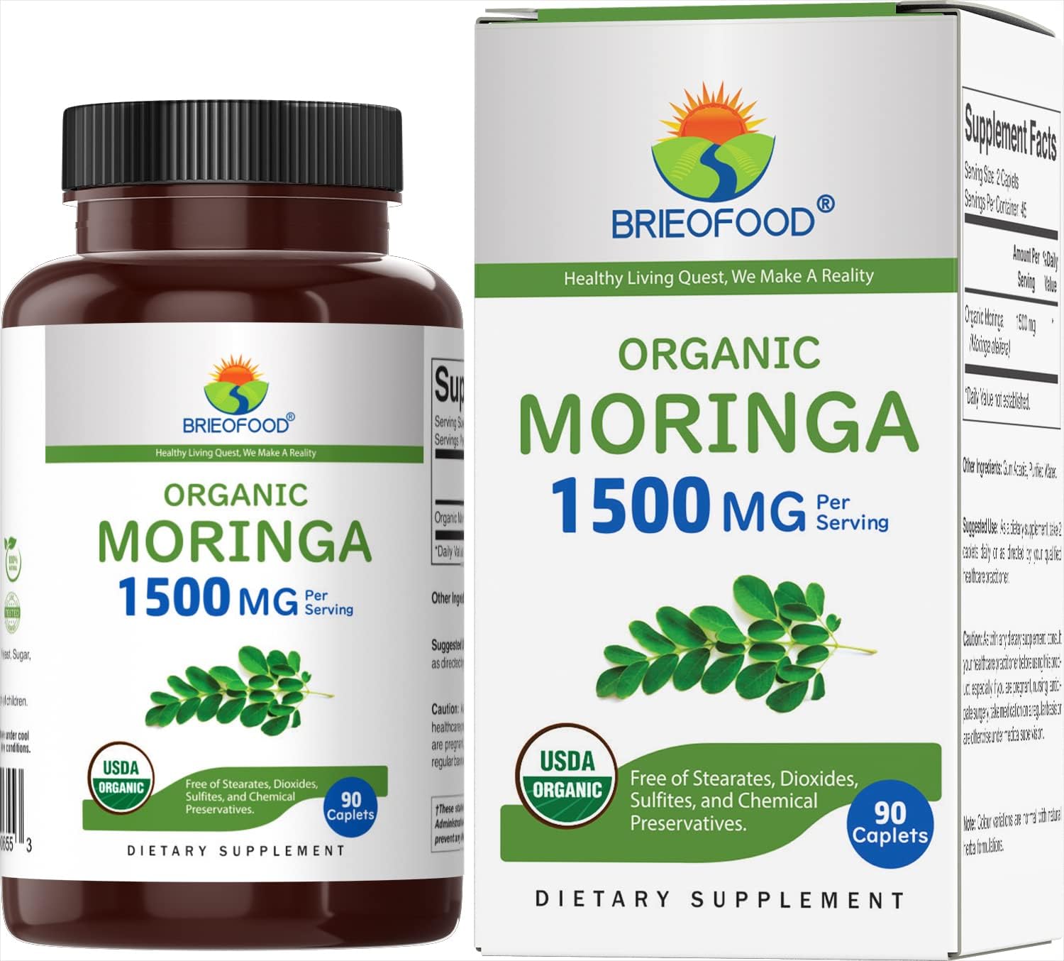 Brieofood Organic Moringa 1500mg: 45 Servings, Vegetarian Tablets, Gluten-Free