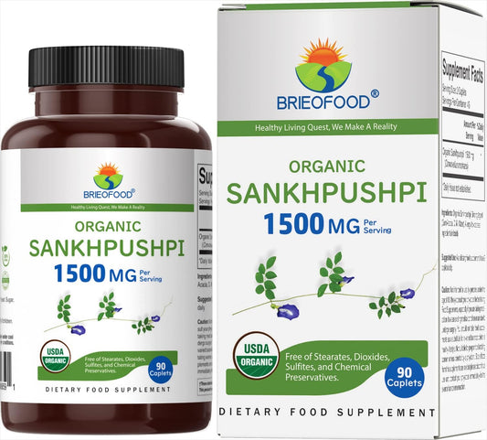 Brieofood Organic Sankhpushpi Tablets - 1500mg, 45 Servings, Vegetarian & Gluten-Free