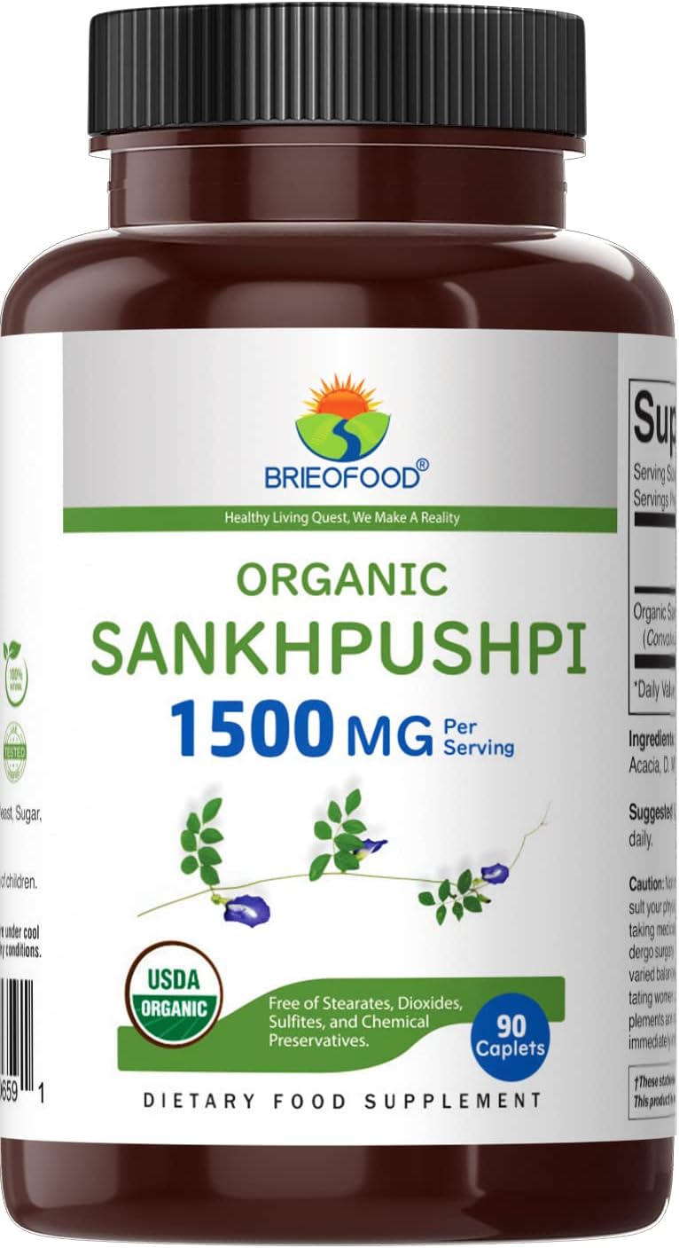 Brieofood Organic Sankhpushpi Tablets - 1500mg, 45 Servings, Vegetarian & Gluten-Free