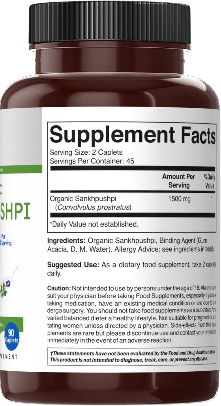 Brieofood Organic Sankhpushpi Tablets - 1500mg, 45 Servings, Vegetarian & Gluten-Free