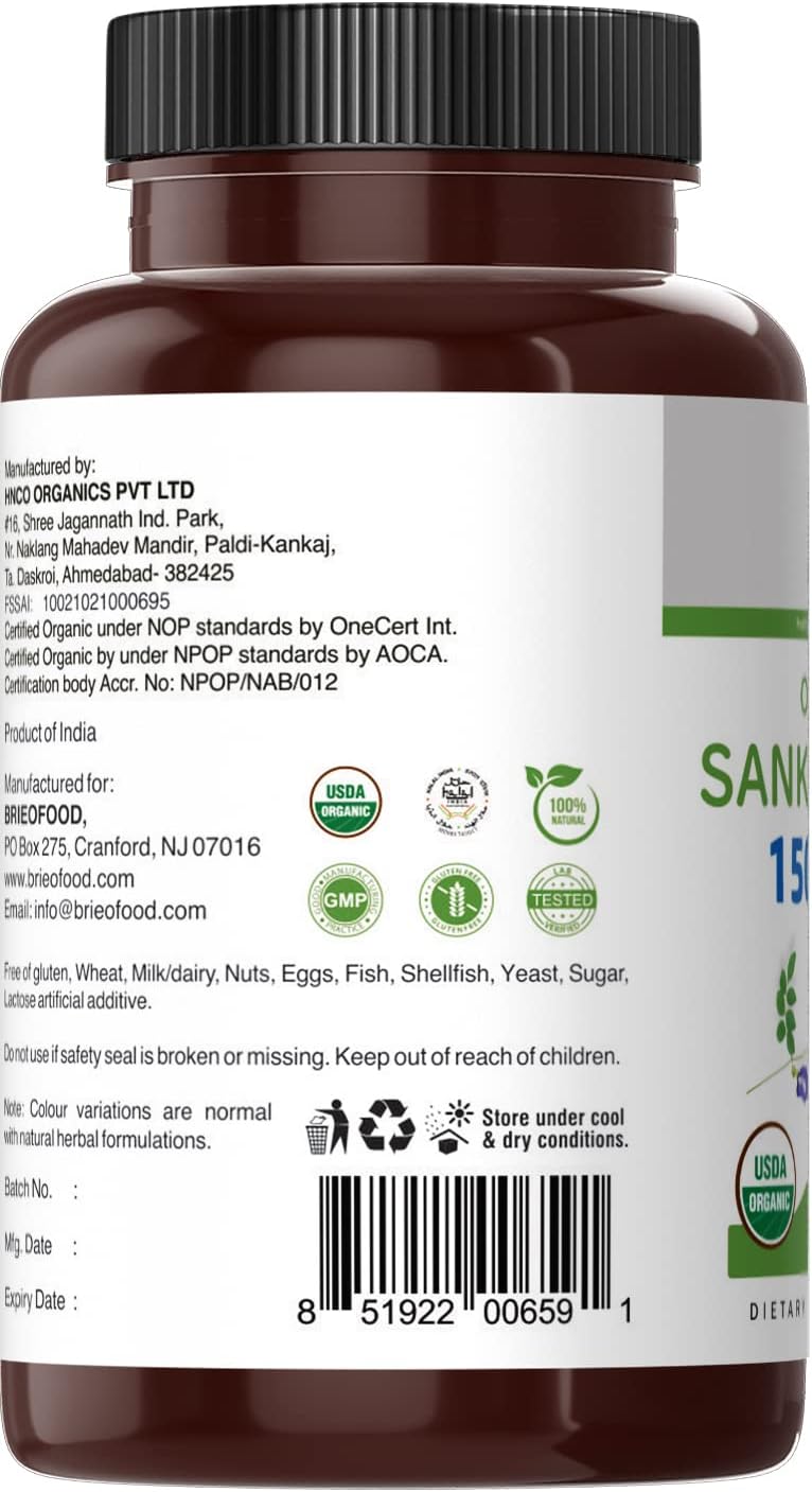 Brieofood Organic Sankhpushpi Tablets - 1500mg, 45 Servings, Vegetarian & Gluten-Free