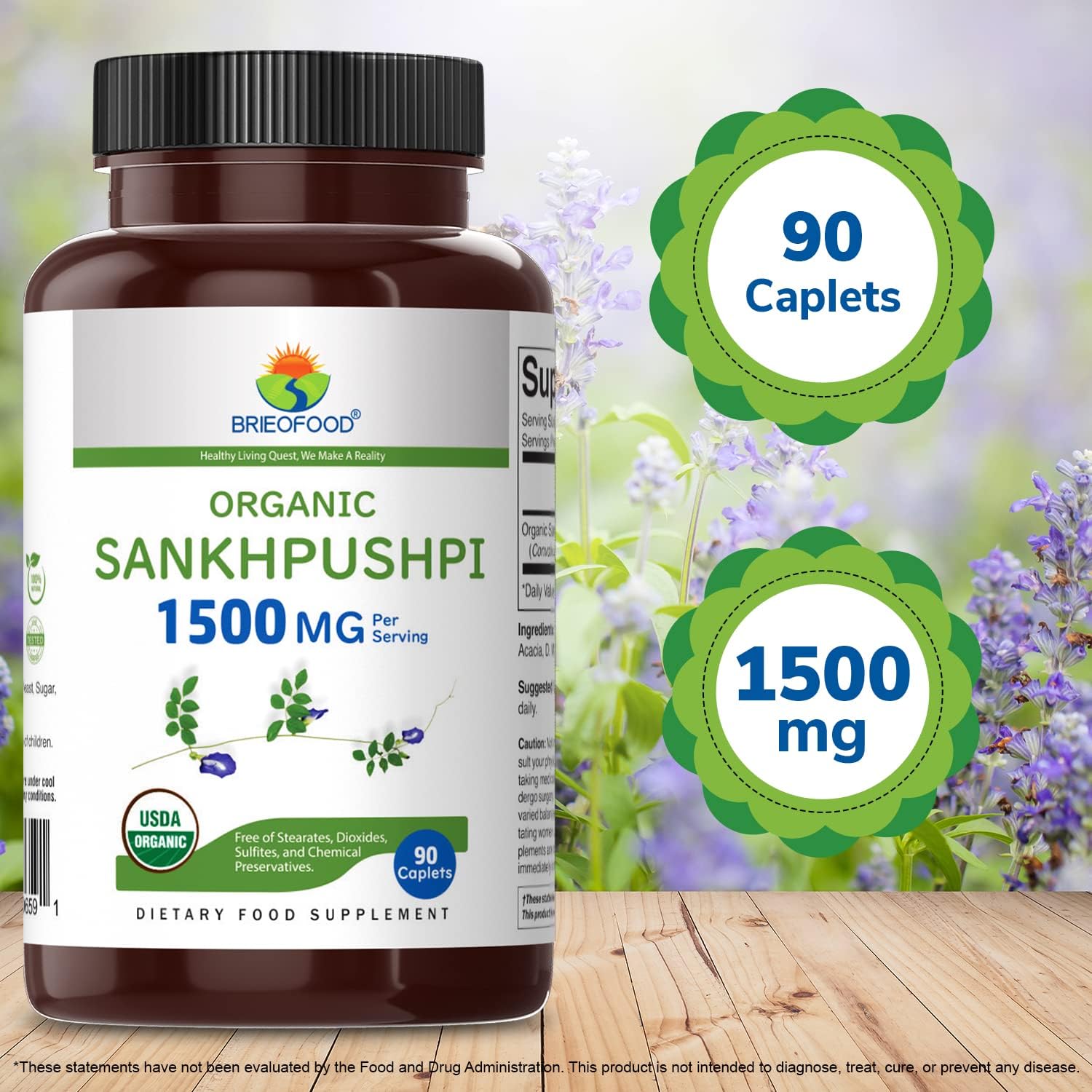 Brieofood Organic Sankhpushpi Tablets - 1500mg, 45 Servings, Vegetarian & Gluten-Free