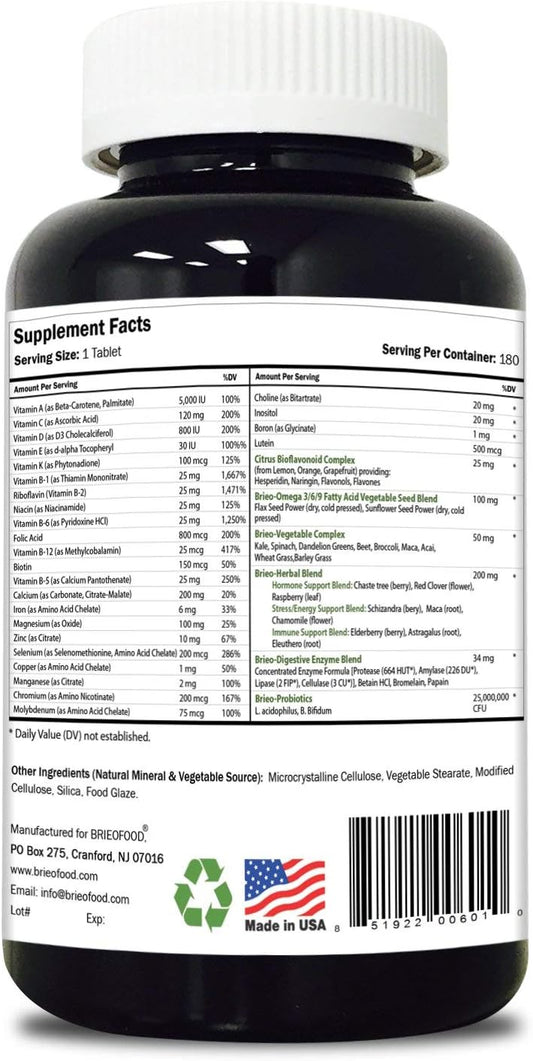 Brieofood Women's Multi with Vegetable Source Omegas - 180 Tablets for Daily Nutrition