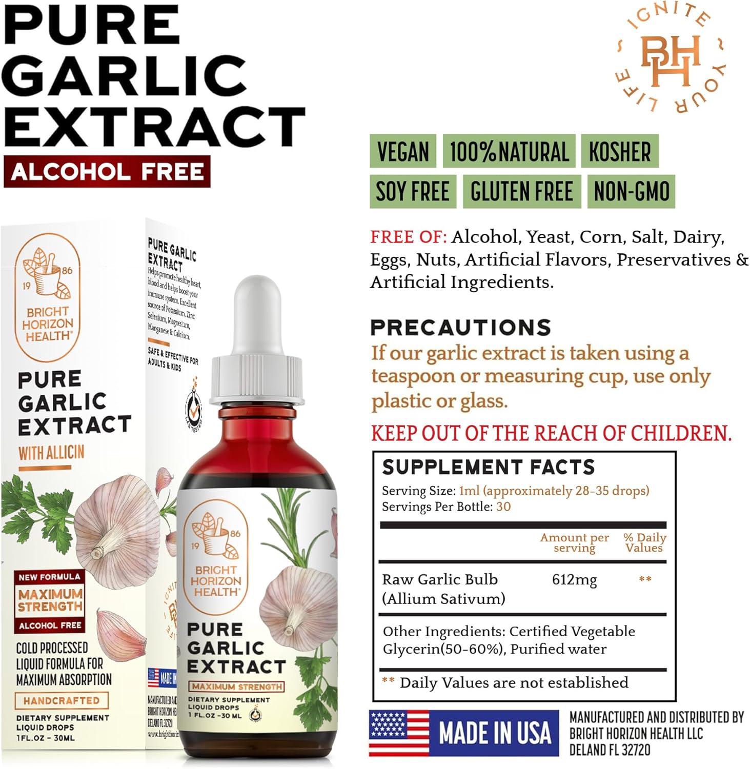 Bright Horizon Health Allicin-Rich Pure Garlic Extract - Alcohol-Free, 11X Strength Immune Support Supplement - Vegan Liquid Form - 1 fl.oz