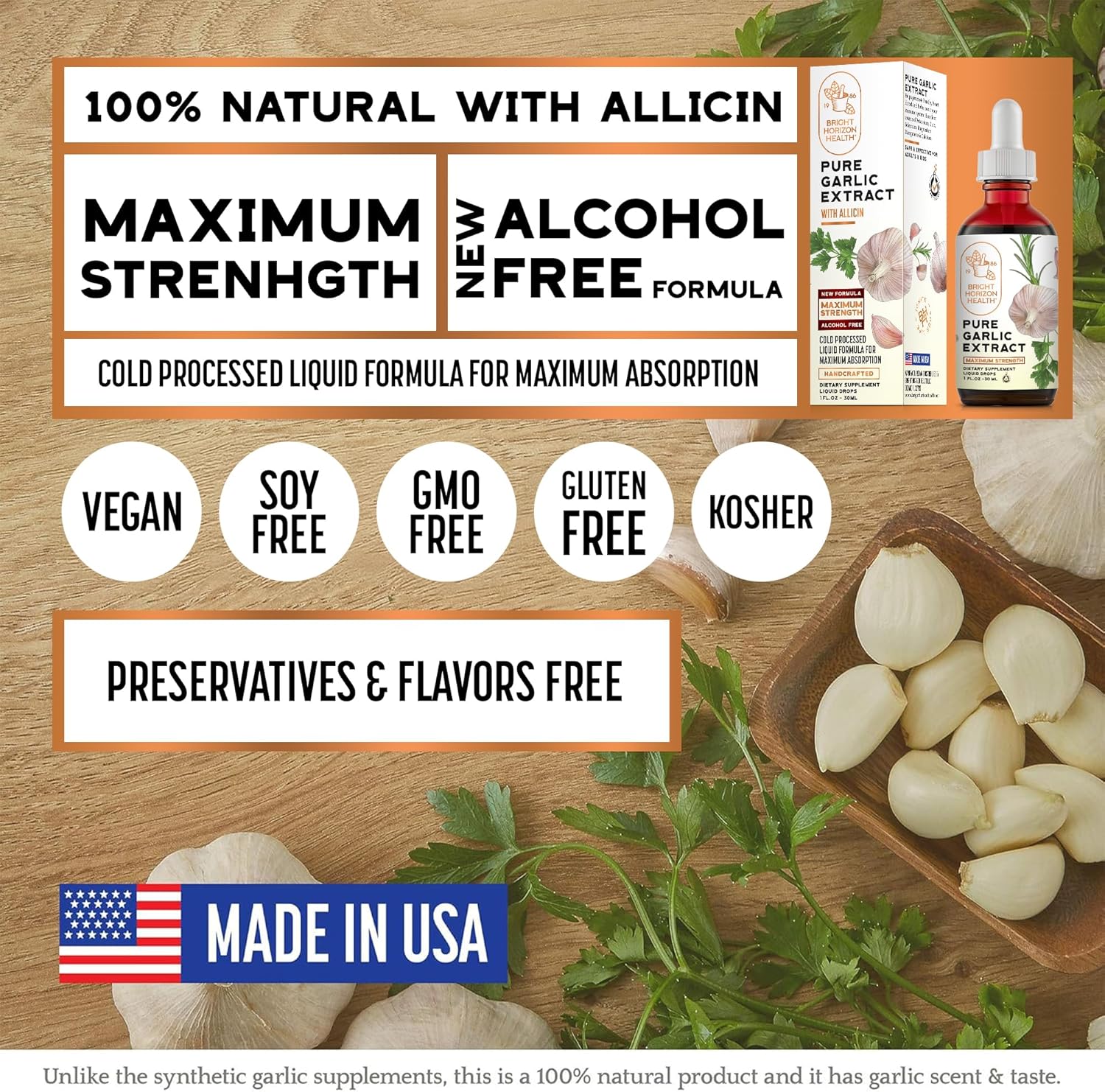 Bright Horizon Health Allicin-Rich Pure Garlic Extract - Alcohol-Free, 11X Strength Immune Support Supplement - Vegan Liquid Form - 1 fl.oz