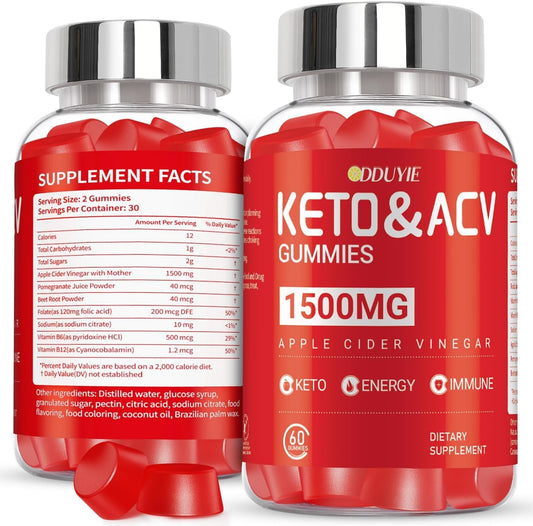 Bright Keto Apple Cider Vinegar Gummies with Pomegranate Beetroot & Vitamin B12 B6 - 1500mg - 60 Count - GMO Free & Vegan - Men & Women