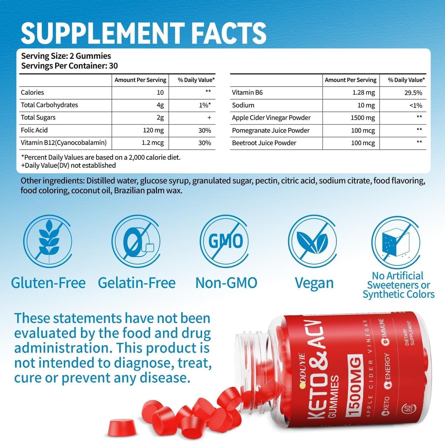 Bright Keto Apple Cider Vinegar Gummies with Pomegranate Beetroot & Vitamin B12 B6 - 1500mg - 60 Count - GMO Free & Vegan - Men & Women