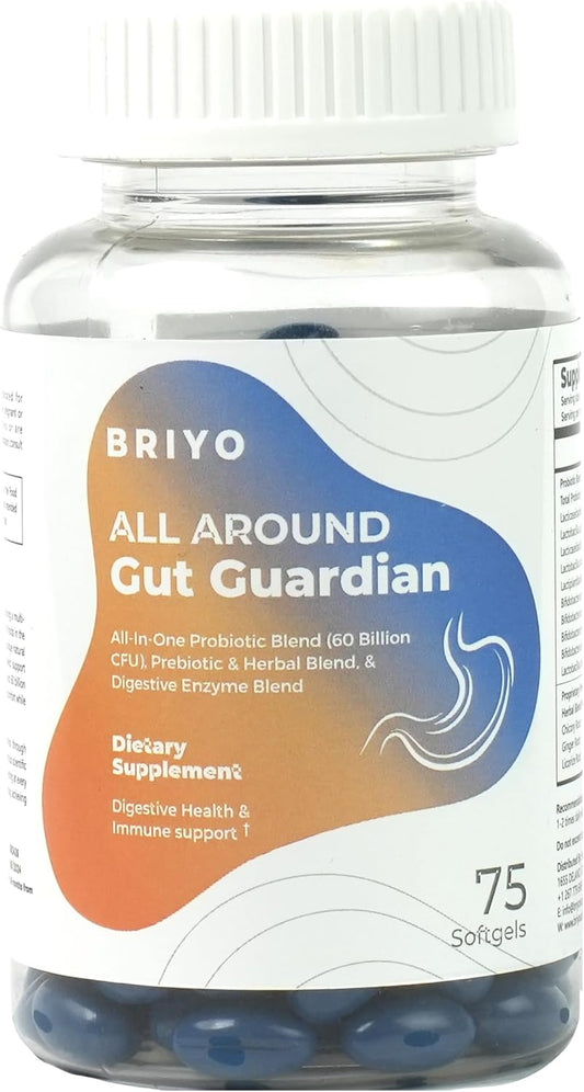 Briyo Gut Guardian: Digestive Health Support with 60 Billion CFU Probiotics, Prebiotics, Enzymes, & Herbs - Relieves Constipation, Diarrhea, Gas & Bloating - Immune Health Boost
