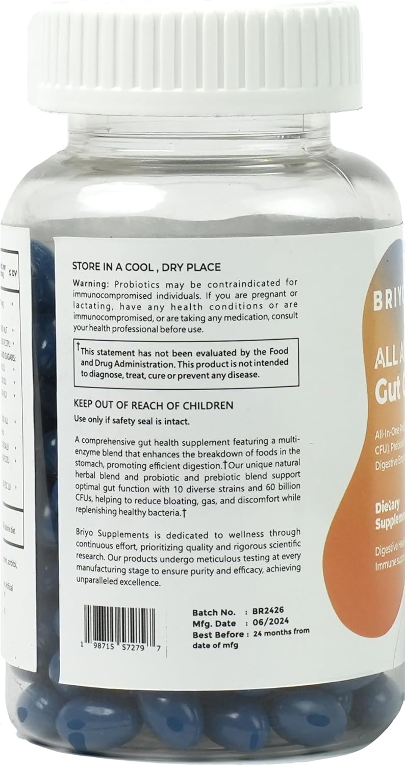 Briyo Gut Guardian: Digestive Health Support with 60 Billion CFU Probiotics, Prebiotics, Enzymes, & Herbs - Relieves Constipation, Diarrhea, Gas & Bloating - Immune Health Boost