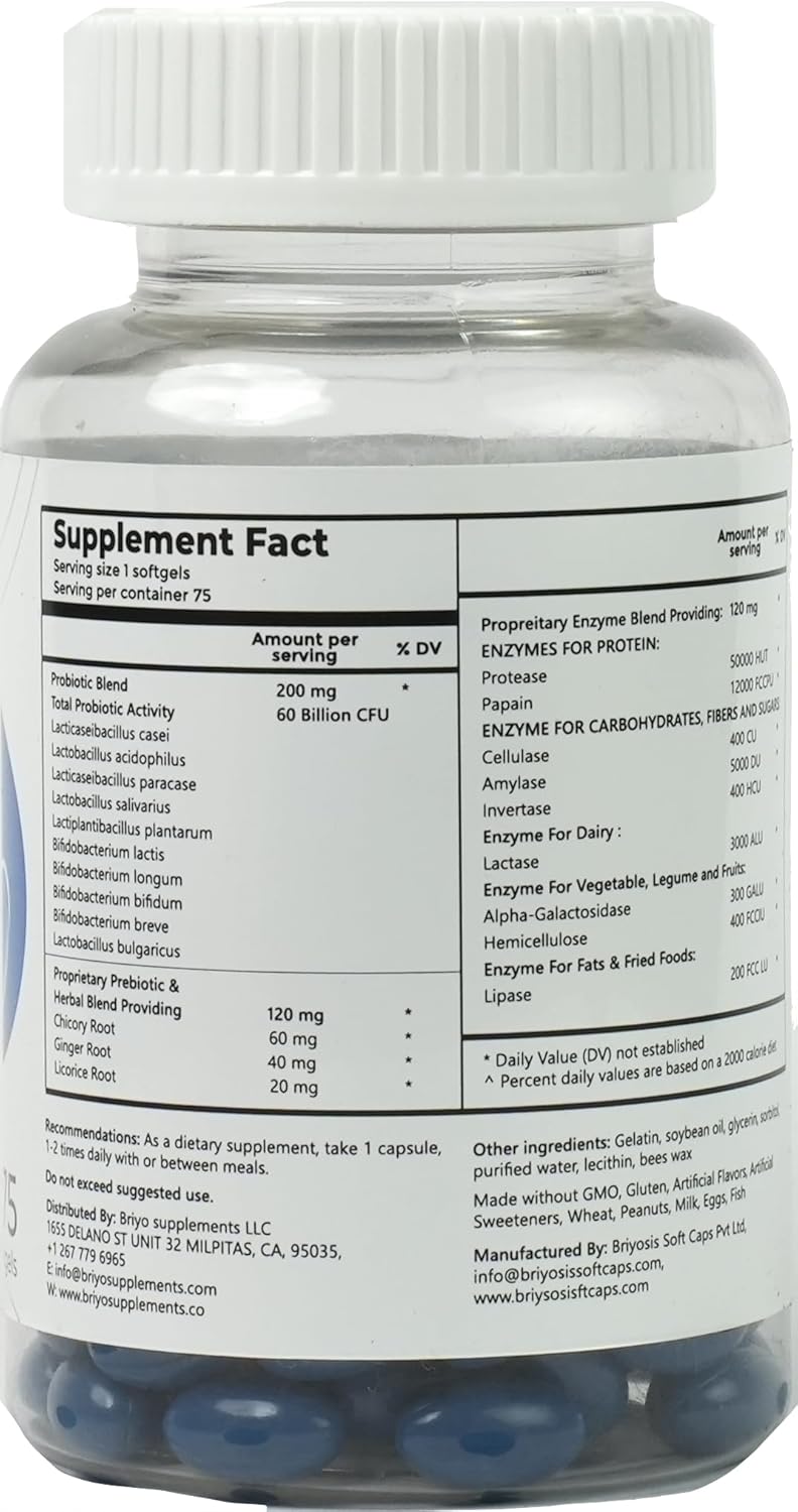 Briyo Gut Guardian: Digestive Health Support with 60 Billion CFU Probiotics, Prebiotics, Enzymes, & Herbs - Relieves Constipation, Diarrhea, Gas & Bloating - Immune Health Boost