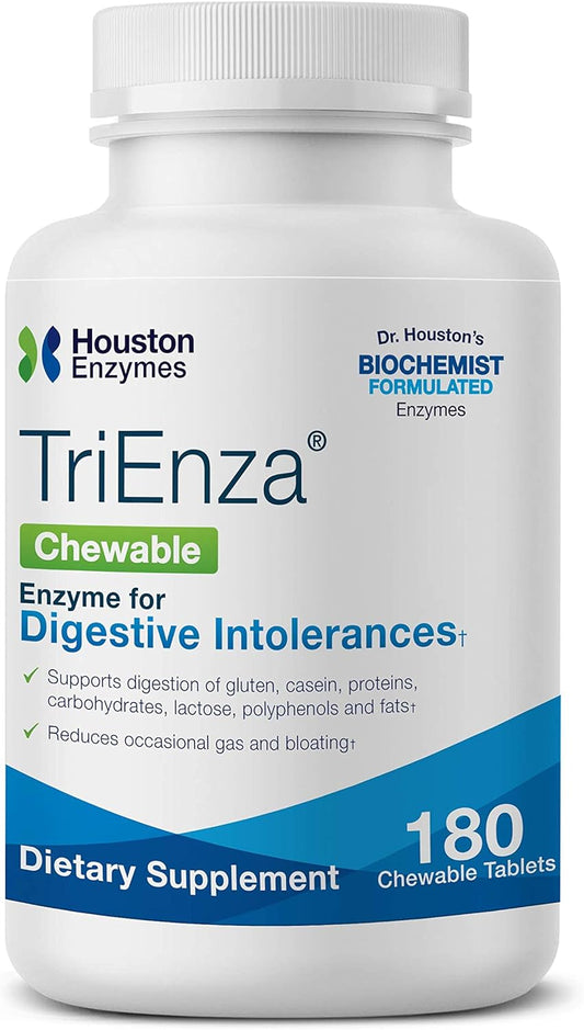 Broad-Spectrum Digestive Enzymes - Houston Enzymes TriEnza Chewable Tabs - 180 Count (45 Servings) - Supports Gluten, Casein, Soy, and Protein Digestion