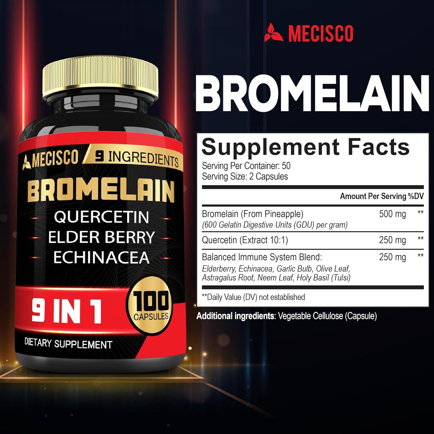 Bromelain 1000mg with Quercetin, Elderberry, Echinacea - Digestive & Joint Health Support - 100 Capsules